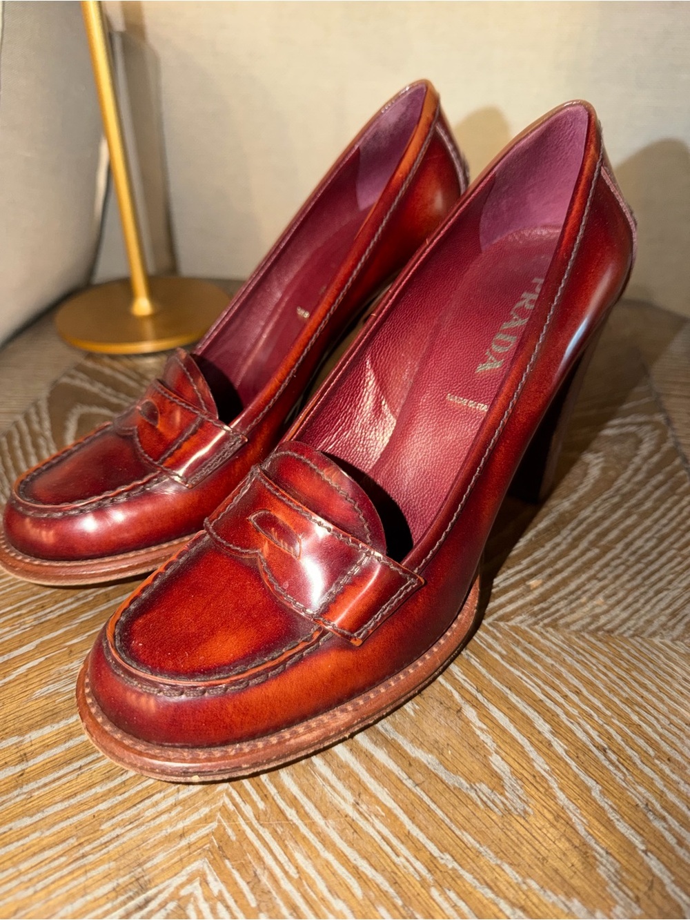 Prada Burgundy and Chestnut Leather Penny Loafer Heels